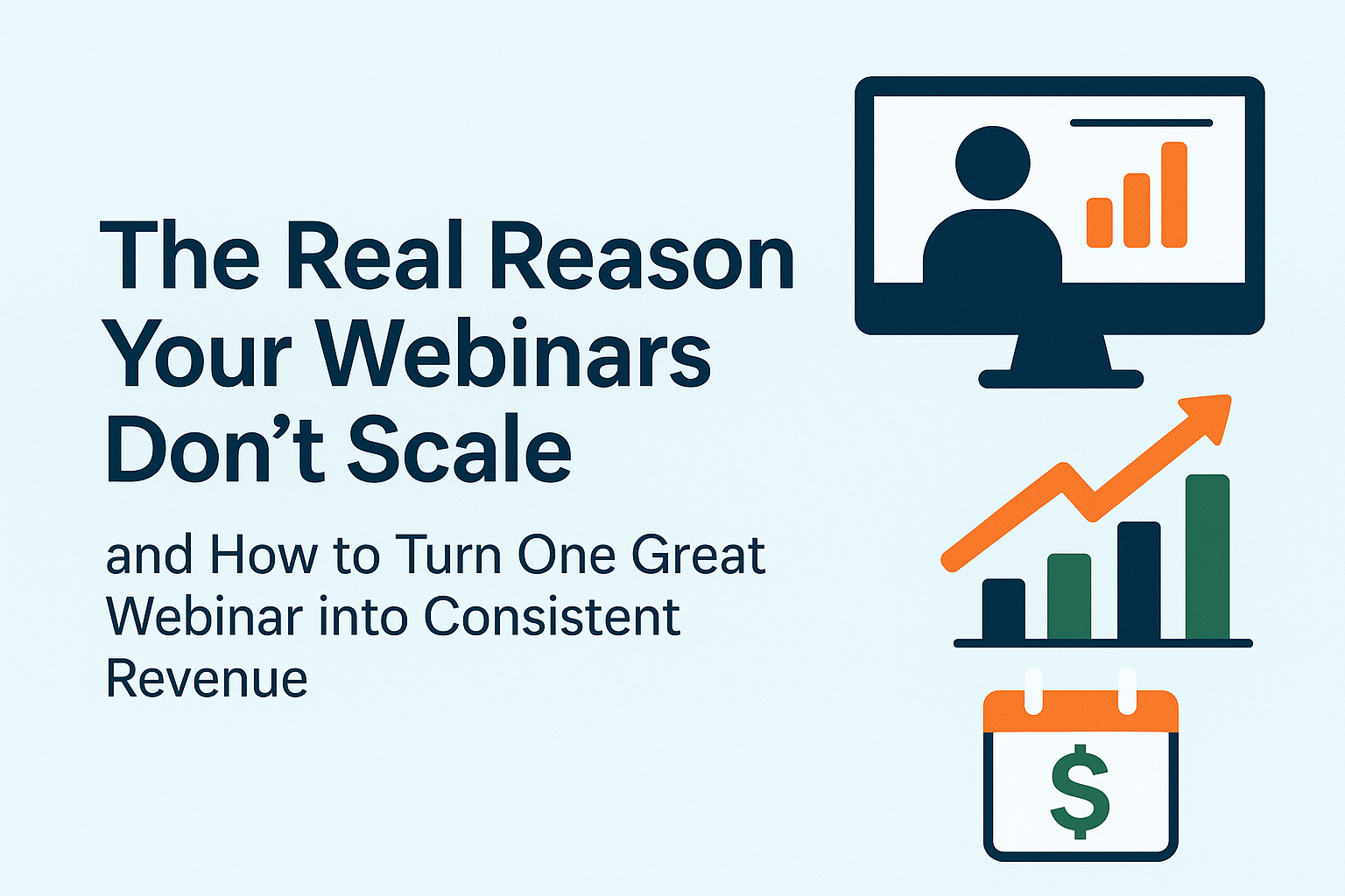 Landscape banner illustrating why webinars don’t scale, showing a presenter on screen, rising growth chart, and revenue calendar for an evergreen webinar funnel.