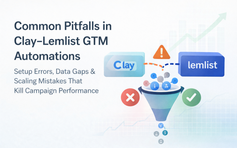 Landscape banner illustrating Clay to Lemlist GTM automation errors, showing broken API connection, outbound funnel, and optimization workflow.